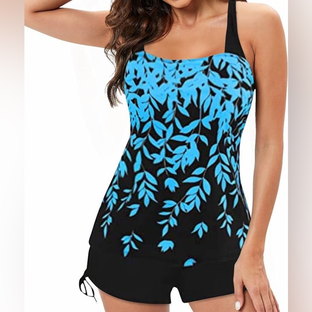 Women’s Blue & Black Leaf Print Takini 2-Piece Swinsuit. XL